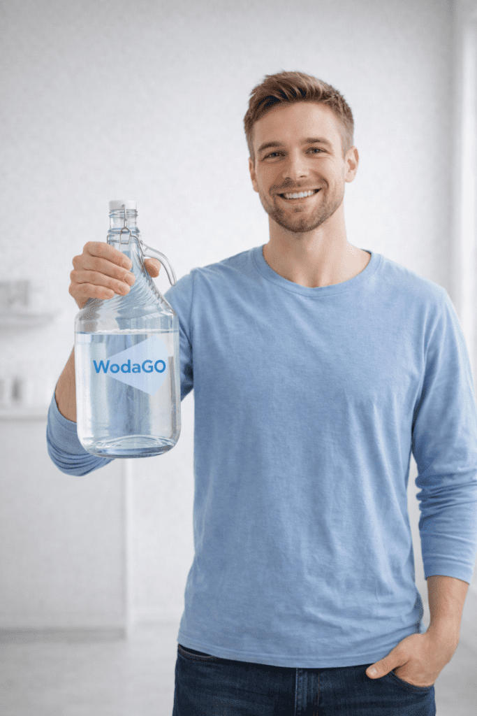 Mężczyźna z butelką wody WodaGO